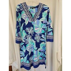 Barbara‎ Erickson Women's Dress, Size L, Blue Floral Abstract, 3/4 Sleeve